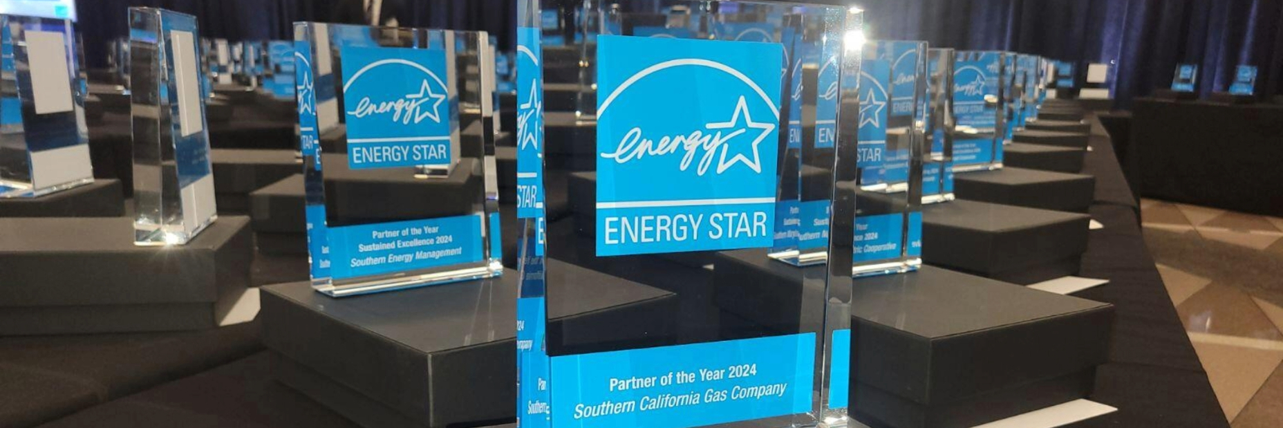 Image of the energy star award on a table with dozens of other awards