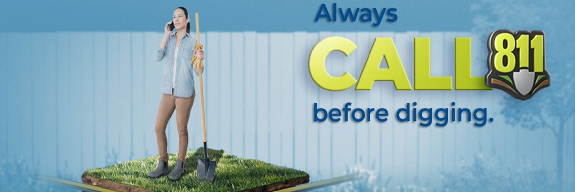 Lady on the phone holding a shovel calling 811 before digging