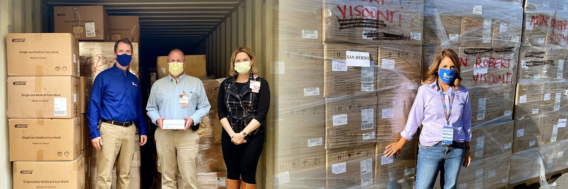 Pallets full of boxes of masks being delivered