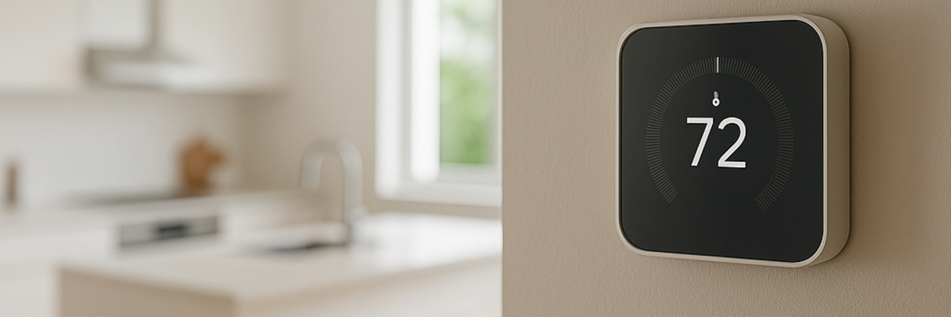 Thermostat showing temperature with kitchen in the background out of focus