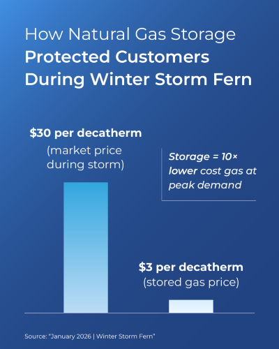 Infographic that shows market prices for natural gas during winter storm fern was 30 dollars compared to the price customers paid of 3 dollar because it was from stored gas bought months before the price volatility, with a headline that reads how natural gas storage protected customers during winter storm fern