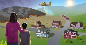 woman/kid looking, hills in back with flames and some smoldering, plane dropping fire retardant, and fire trucks in the back