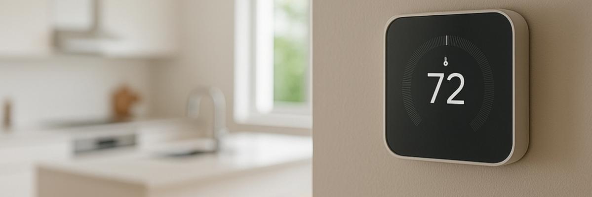 Thermostat showing temperature with kitchen in the background out of focus