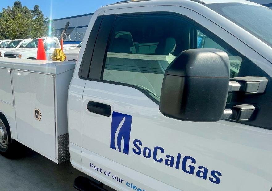 SoCalGas work truck in parking lot with other work trucks