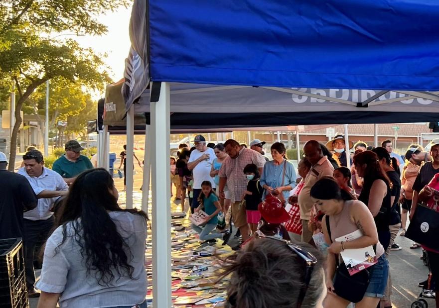 People looking at books on the ground outside at the event