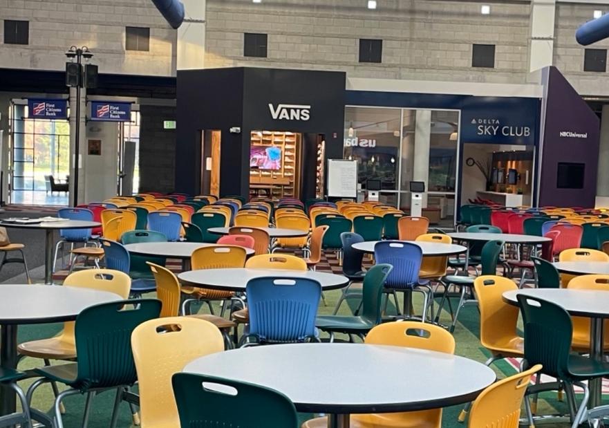 Childrens tables and chairs in a mall like setting