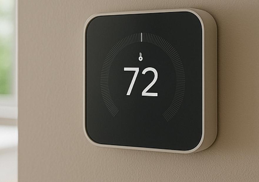 Thermostat showing temperature with kitchen in the background out of focus