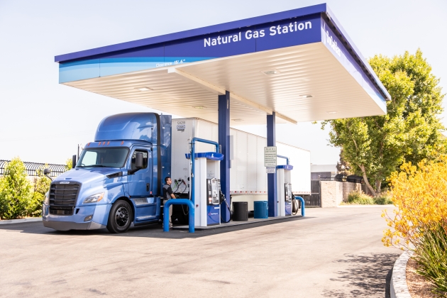 A heavy truck at a renewable natural gas fueling station